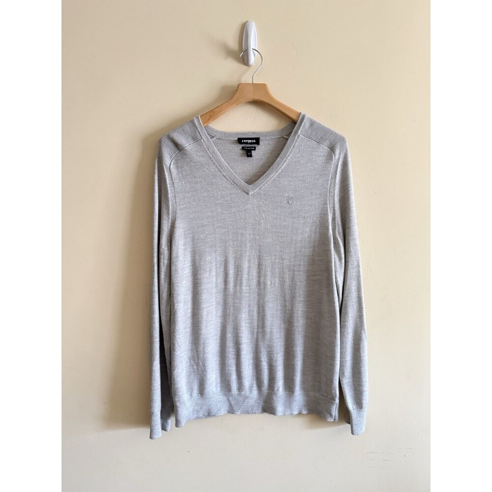 Express Mens Sz Large Merino Wool Blend V-Neck Pullover Sweater‎ Gray stretch